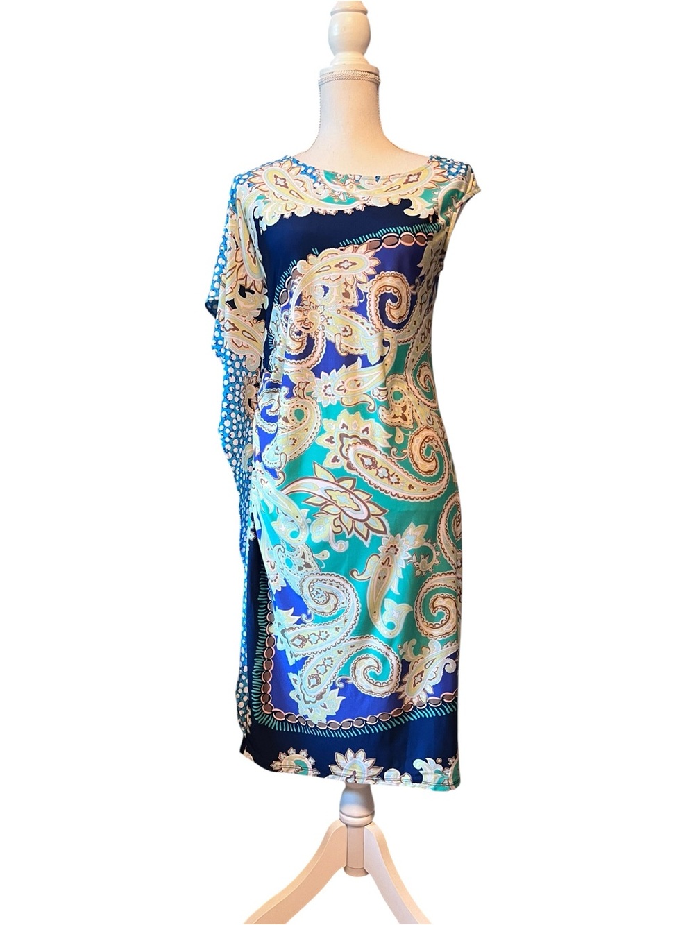 A Pea in the Pod Blue & Teal Paisley One-Shoulder Shift Dress Size Medium